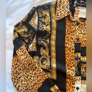 Leopard Print/ Block Long-sleeve Button Up Top